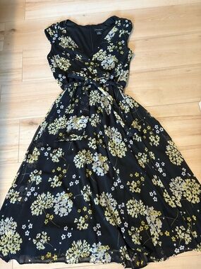 Liz Claiborne Black Midi Dress with Yellow & White Floral Print